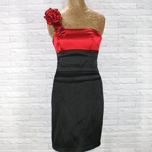 B. DARLIN Dress One Shoulder Floral Red Black Color Block Cocktail Size 7